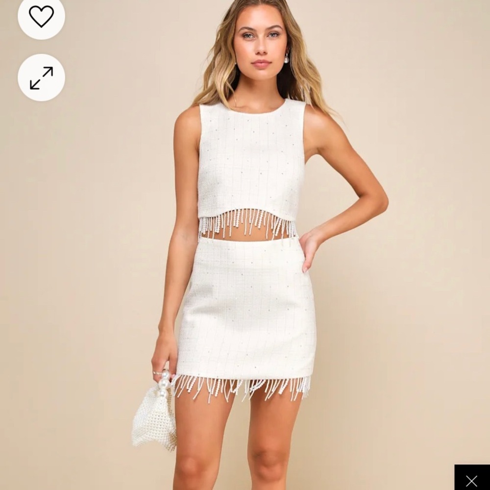 White Tweed Pearl Mini Skirt and Shirt